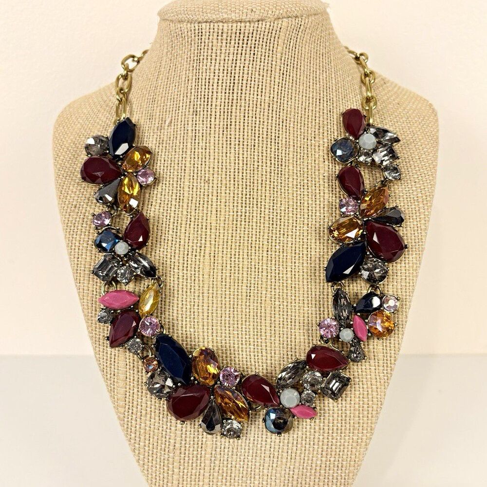 J.CREW Multicolor Crystal Rhinestone Bib Statement Necklace Signed Adjustable